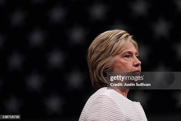 Democratic presidential candidate former Secretary of State Hillary Clinton speaks during a primary night event on June 7, 2016 in Brooklyn, New...