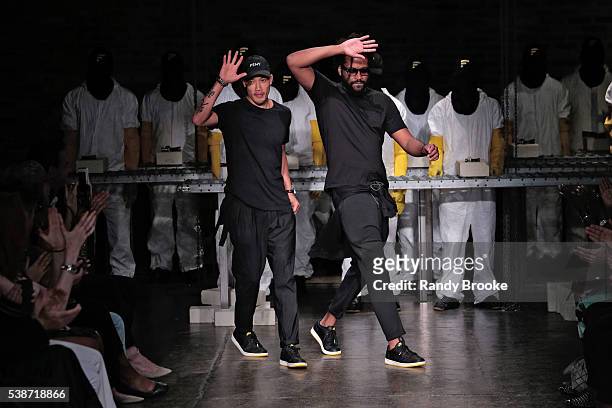 The designers Dao-Yi Chow and Maxwell Osborne greet the audience after the Public School's Women's And Men's Spring 2017 Collection at Pier 76 on...