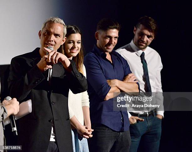 Filmmaker Tony E. Valenzuela , actress Alex Frnka, actor Robert Adamson and actor Jarrett Sleeper speak at the premiere of "Villisca" during the 2016...