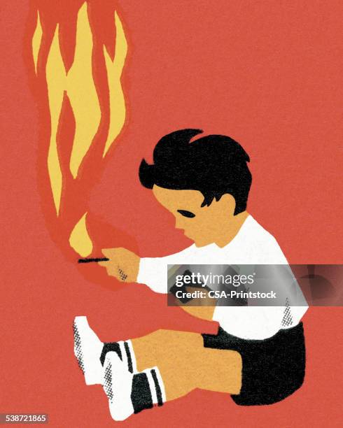 child playing with fire - fire damage stock illustrations