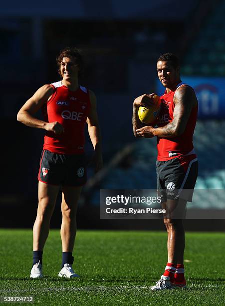 Kurt Tippett and Lance Franklin of the Swans look on during a Sydney Swans AFL training session at the Sydney Cricket Ground on June 8, 2016 in...