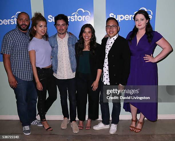 Actors Colton Dunn, Nichole Bloom, Ben Feldman, America Ferrera, Nico Santos and Lauren Ash attend FYC at UCB For NBC's "Superstore" at UCB Sunset...