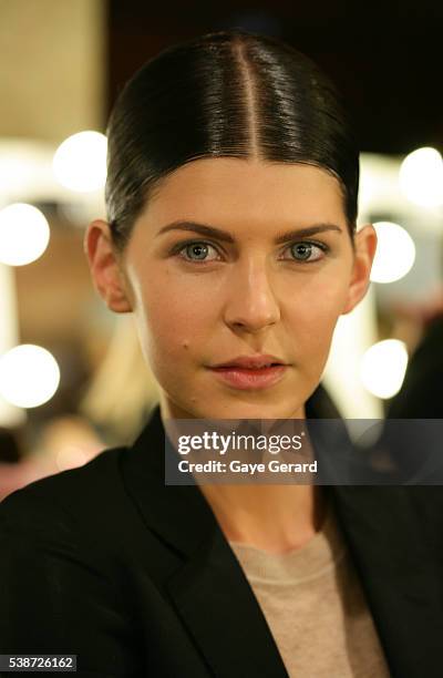 Model poses backstage ahead of the FW Trends Runway as part of the Mercedes Benz Fashion Festival Sydney 2012 at Sydney Town Hall on August 21, 2012...