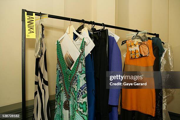 General view of the designer wear backstage ahead of the FW Trends Runway as part of the Mercedes Benz Fashion Festival Sydney 2012 at Sydney Town...