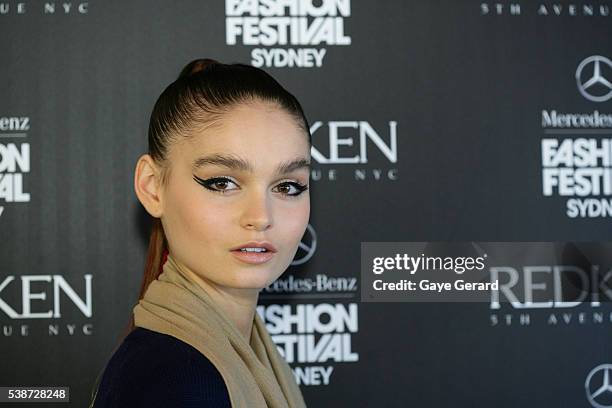 Model poses backstage ahead of the FW Trends Runway as part of the Mercedes Benz Fashion Festival Sydney 2012 at Sydney Town Hall on August 21, 2012...