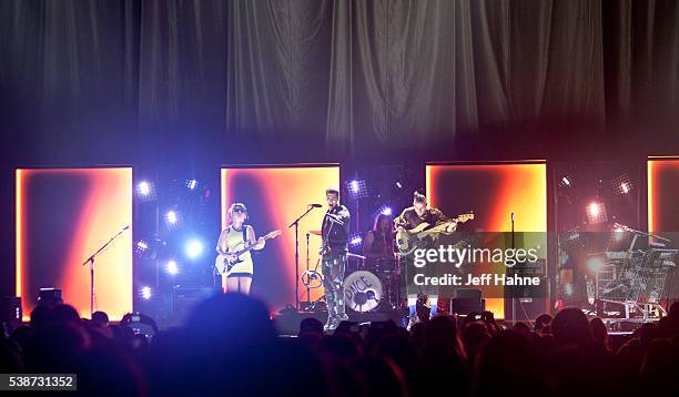 Guitarist JinJoo Lee, singer Joe Jonas, drummer Jack Lawless and bassist Cole Whittle of DNCE perform at Time Warner Cable Arena on June 7, 2016 in...