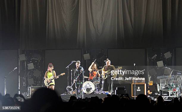Guitarist JinJoo Lee, singer Joe Jonas, drummer Jack Lawless and bassist Cole Whittle of DNCE perform at Time Warner Cable Arena on June 7, 2016 in...