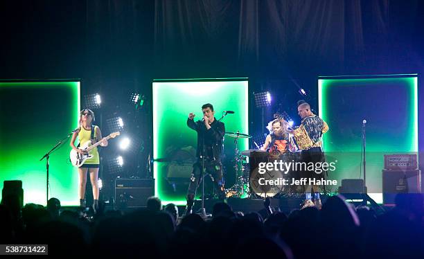 Guitarist JinJoo Lee, singer Joe Jonas, drummer Jack Lawless and bassist Cole Whittle of DNCE perform at Time Warner Cable Arena on June 7, 2016 in...