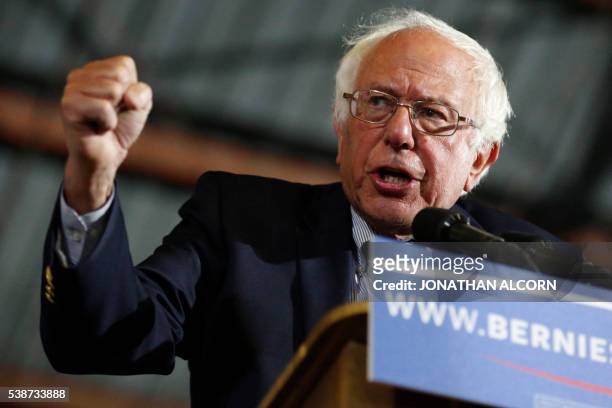 Democratic presidential candidate Senator Bernie Sanders speaks during a rally at Barker Hangar in Santa Monica, California on June 7, 2016. -...