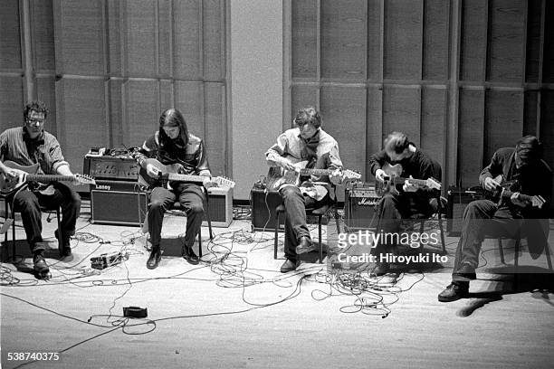 The music of Phill Niblock and Ulrich Krieger" at Merkin Concert Hall on October 14, 1999.This image:From left, Robert Poss, Ulrich Krieger, Lee...