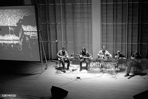 The music of Phill Niblock and Ulrich Krieger" at Merkin Concert Hall on October 14, 1999.This image:From left, Robert Poss, Ulrich Krieger, Lee...