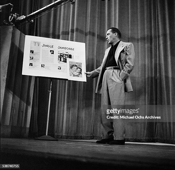 Ed Sullivan works on his sketch during rehearsals for the "Toast of the Town" show hosted by Ed Sullivan at the Maxine Elliott Theater in New York,...