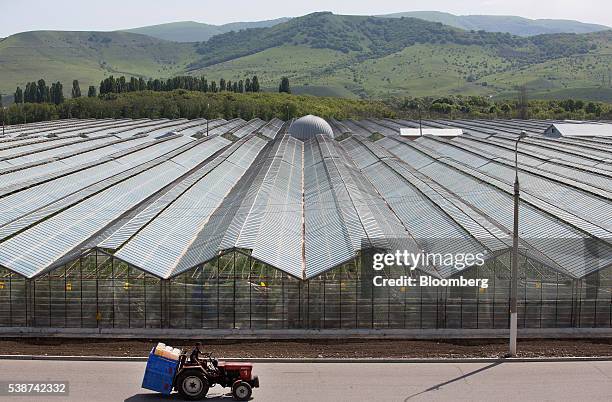 Farm worker drives a tractor past Soviet era hothouses used to grow vegetables at the Yuzhny Agricultural Complex, operated by AFK Sistema, in...