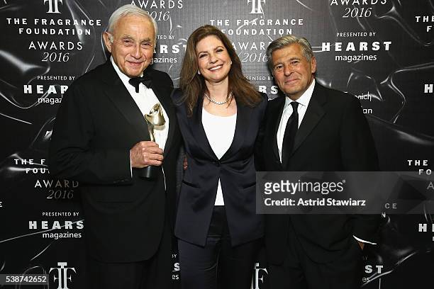 Les Wexner, Abigail Wexner, and Ed Razek pose backstage at the 2016 Fragrance Foundation Awards presented by Hearst Magazines - Show on June 7, 2016...