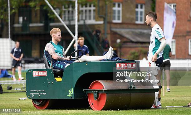 Ben Stokes of England speaks with Alex Hales during a nets session ahead of the 1st Investec Test match between England and Sri Lanka at Lord's...