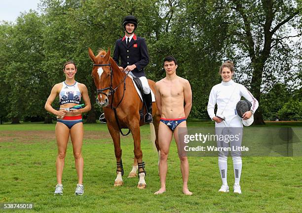 Kate French, James Cooke, Joe Choong and Samantha Murray of Great Britain are pictured during an announcement of Modern Pentathlon athletes named in...