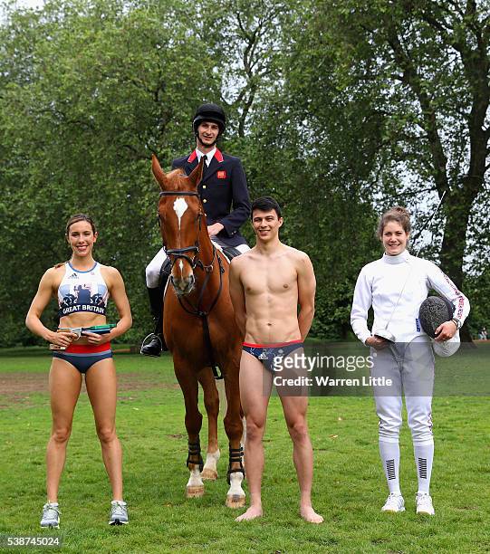 Kate French, James Cooke, Joe Choong and Samantha Murray of Great Britain are pictured during an announcement of Modern Pentathlon athletes named in...