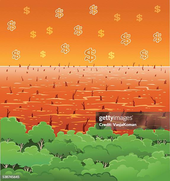 deforestation - wasteland and floating dollar signs - dead forest stock illustrations