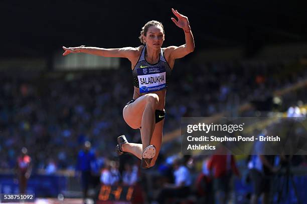 Olha Saladukha of Ukraine in action in the womens triple jump during the Birmingham Diamond League Athletics meeting at Alexander Stadium on June 5,...