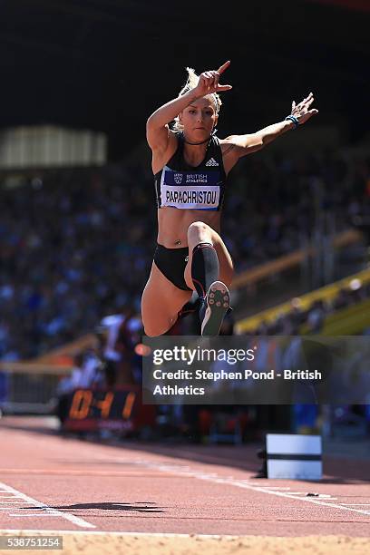 Paraskevi Papachristou of Greece in action in the Women's Triple Jump during the Birmingham Diamond League Athletics meeting at Alexander Stadium on...