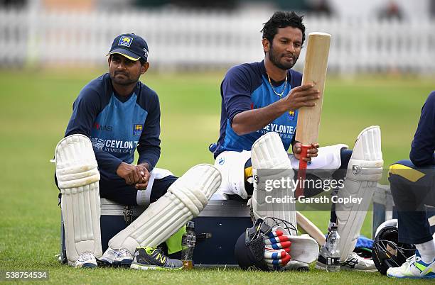 Kaushal Silva and Dimuth Karunaratne of Sri Lanka during a nets session ahead of the 1st Investec Test match between England and Sri Lanka at Lord's...