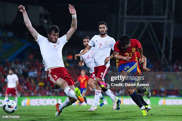 Manuel Agudo 'Nolito' of Spain shoots towards goal under a challenge by Kverkvelia during an international friendly match between Spain and Georgia...