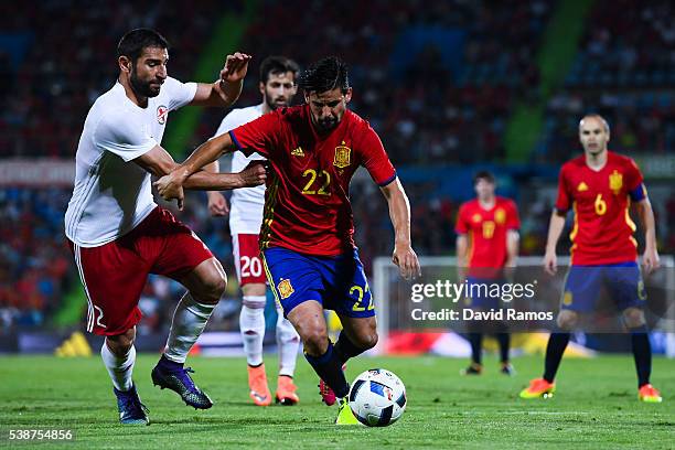 Manuel Agudo 'Nolito' of Spain competes for the ball with Lobzhanidze of Georgia during an international friendly match between Spain and Georgia at...