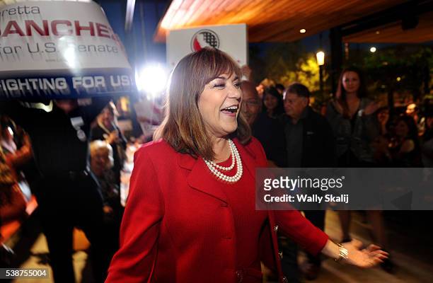Senator candidate, congresswoman Loretta Sanchez greets supporters during election night at the Anaheim Brewery on June 7, 2016 in Anaheim,...