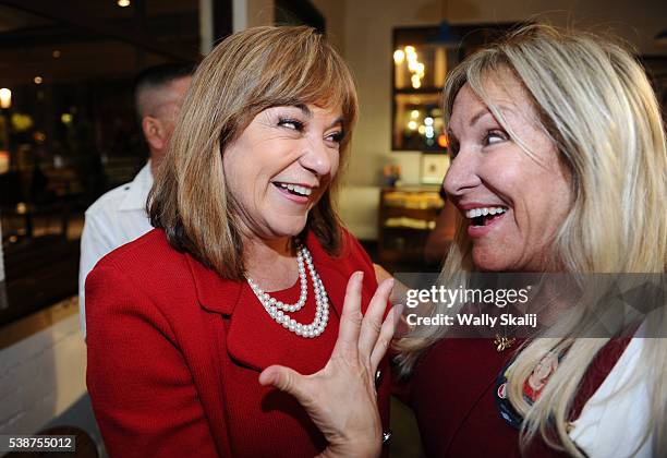 Senator candidate, congresswoman Loretta Sanchez greets supporters during election night at the Anaheim Brewery on June 7, 2016 in Anaheim,...