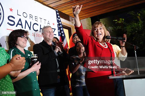 Senator candidate, congresswoman Loretta Sanchez waves to supporters during election night at the Anaheim Brewery on June 7, 2016 in Anaheim,...