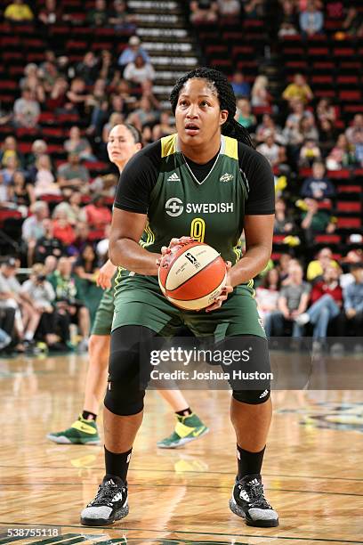 Markeisha Gatling of the Seattle Storm shoots a free throw against the Phoenix Mercury on June 3, 2016 at Key Arena in Seattle, Washington. NOTE TO...