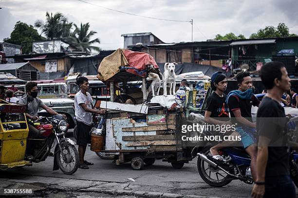 Francisco Gozon pushes a wooden cart, which is also his house, with his three pat dogs in Divisoria Market in Manila on June 8, 2016. The...