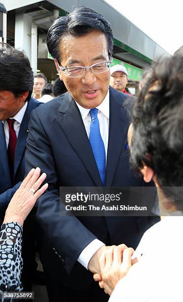 Opposition Democratic Party President Katsuya Okada makes a street speech for a candidate on June 8, 2016 in Matsudo, Chiba, Japan. The upper house...