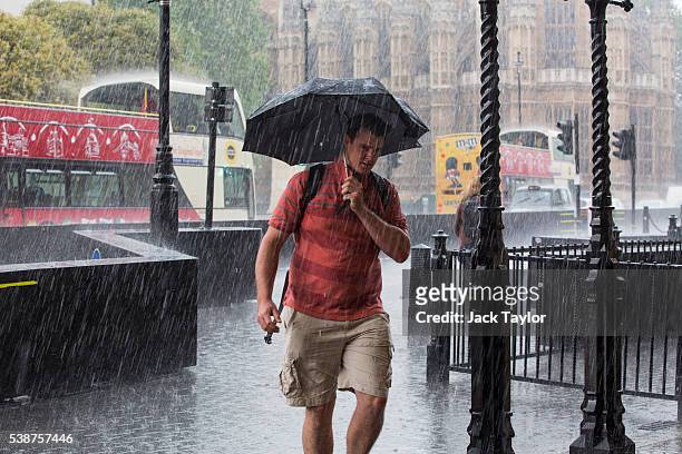 Man wearing shorts and holding an umbrella walks through heavy rain in Westminster on June 8, 2016 in London, England. The Met Office has issued...