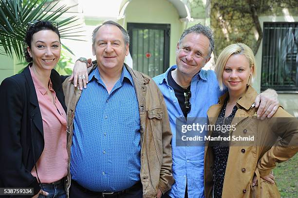 Ursula Strauss, Wolf Bachofner, Michi Riebl and Katharina Strasser pose during the 'Schnell ermittelt' on set photo call on June 8, 2016 in Vienna,...