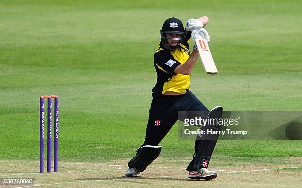 Gareth Roderick of Gloucestershire hits out during the Royal London One Day Cup match between Gloucestershire and Middlesex at the Brightside Ground...