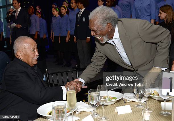 Politician, former New York City Mayor David Dinkins and Actor Morgan Freeman greet each other as they attend Children's Health Fund Annual Gala 2016...