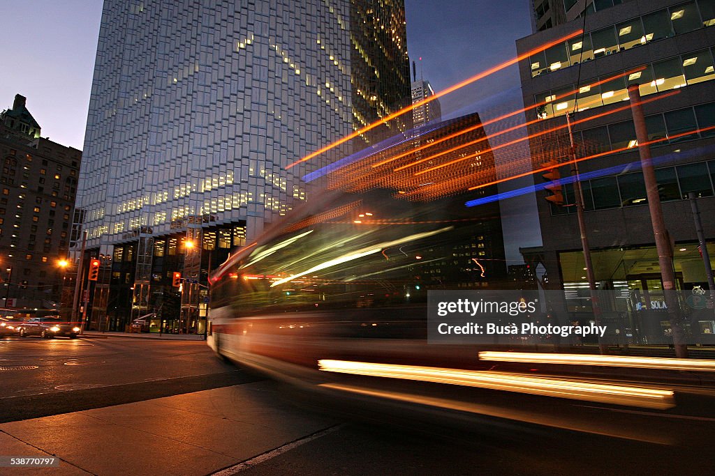 Vehicle light trails, twilight in Downtown Toronto