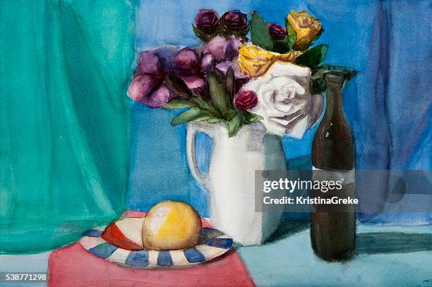 still life on canvas - rose vase stock illustrations