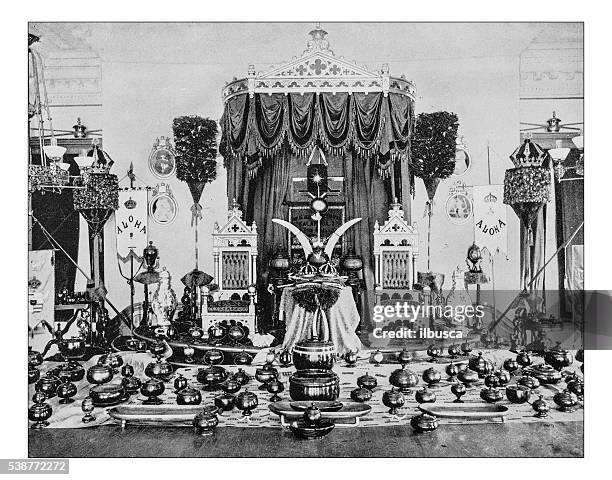 antique photograph of throne room-ʻiolani palace (honululu,hawaii,usa)-19th century - historic royal palaces stock illustrations