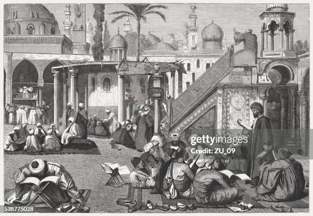 arab university in cairo, egypt, wood engraving, published in 1869 - islamic school stock illustrations