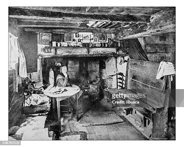 stockillustraties, clipart, cartoons en iconen met antique photograph of  anne hathaways' cottage interior(shottery,england)-19th century image - birthplace of silicon valley