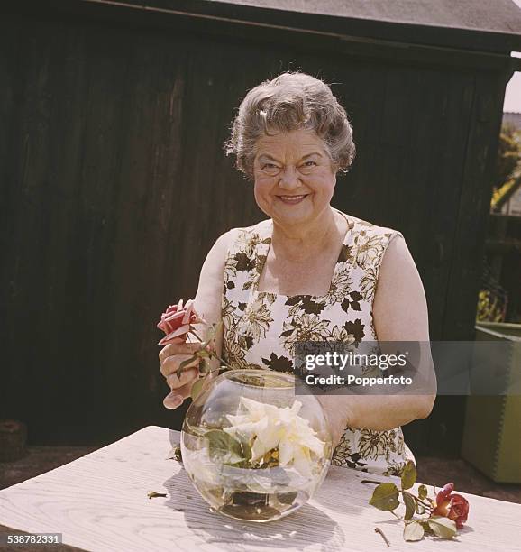 English actress Violet Carson who plays the character of Ena Sharples in the television soap opera Coronation Street, pictured arranging cut flowers...