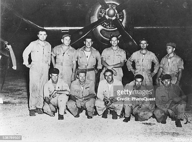 Tinian, Northern Mariana Islands, August 9, 1945: Major Charles W Sweeney and the crew of Bockscar, the B-29 that dropped the 'Fat Man' atomic bomb...