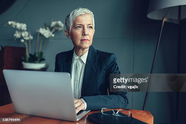 ältere geschäftsfrau porträt in ihrem büro. - chief executive officer stock-fotos und bilder