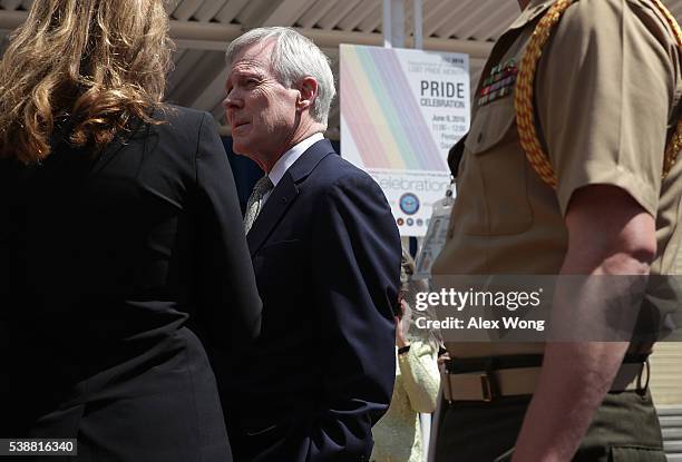 Navy Secretary Ray Mabus waits for the beginning of a Lesbian, Gay, Bisexual and Transgender Pride Month Ceremony at the Pentagon June 8, 2016 in...
