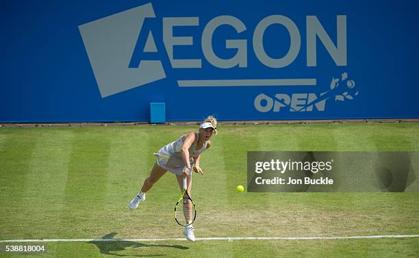 Caroline Wozniacki of Denmark serves the ball during her women's singles match against Anett Kontaveit of Estoniaon day three of the WTA Aegon Open...