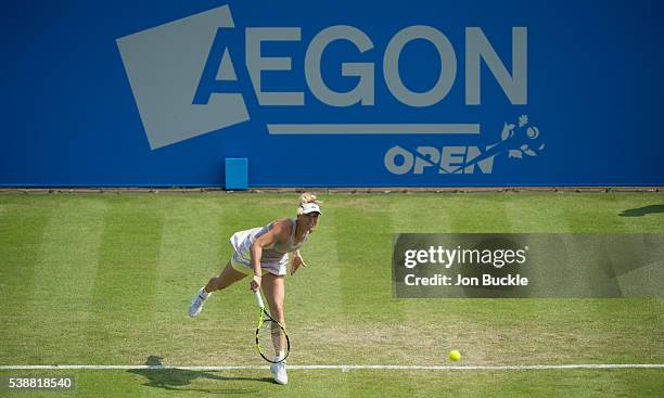 Caroline Wozniacki of Denmark serves the ball during her women's singles match against Anett Kontaveit of Estoniaon day three of the WTA Aegon Open...