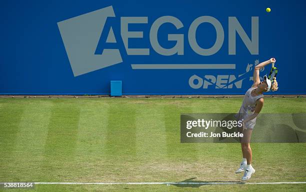 Caroline Wozniacki of Denmark serves the ball during her women's singles match against Anett Kontaveit of Estoniaon day three of the WTA Aegon Open...