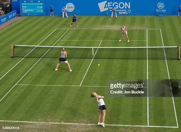 Lin Zhu of China and Alla Kudryavtseva of Russia in action during their women's doubles match against Jocelyn Rae and Anna Smith of Great Britain on...